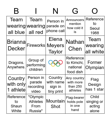 Winter Olympics 2018 Opening Ceremony Bingo Card
