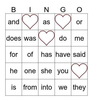 Valentine's Day Trick Word Bingo Card