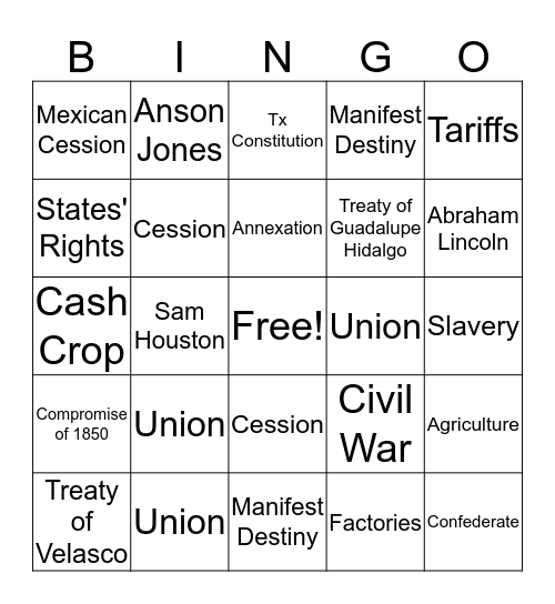 Early Texas Statehood Bingo Card