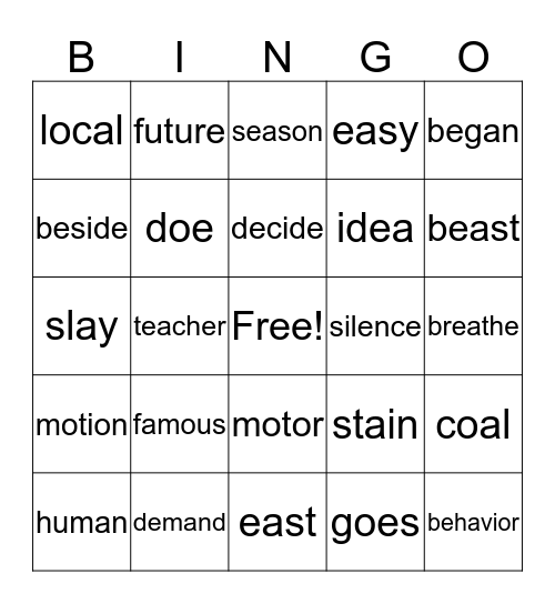 Spelling Rules Bingo Card