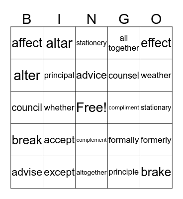 Commonly Confused Words (a) Bingo Card