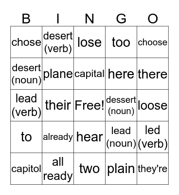 Commonly Confused Words Bingo Card