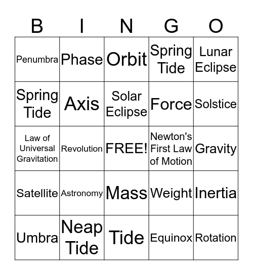 Earth, Sun, and Moon Bingo Card