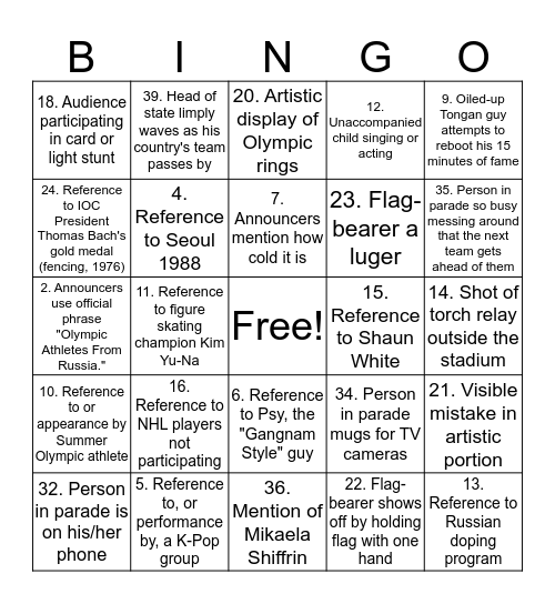 2018 Olympics Bingo Card