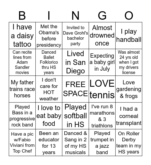 GET TO KNOW ME BINGO Card