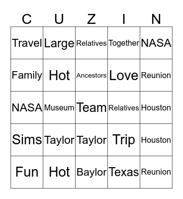 COUSINS FAMILY REUNION-2018 Bingo Card