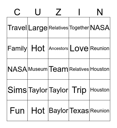 COUSINS FAMILY REUNION-2018 Bingo Card