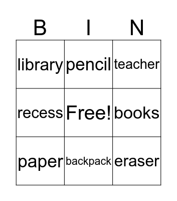 School Bingo Card
