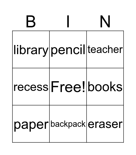 School Bingo Card