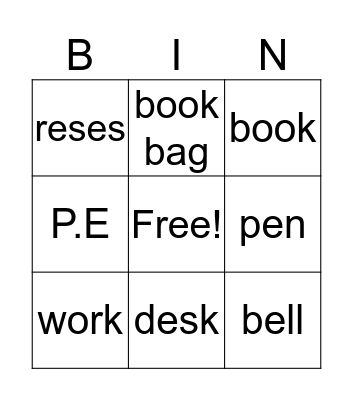 School Bingo Card