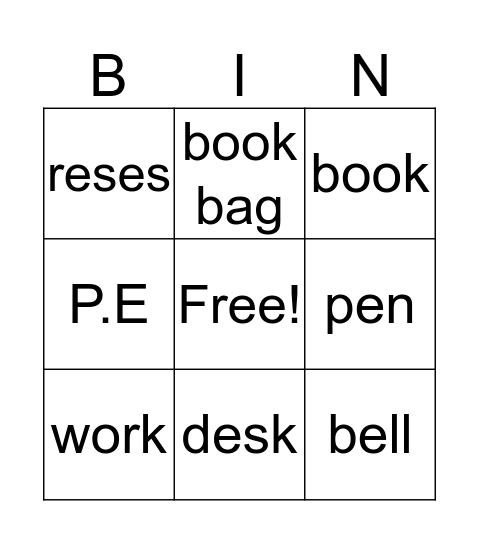 School Bingo Card