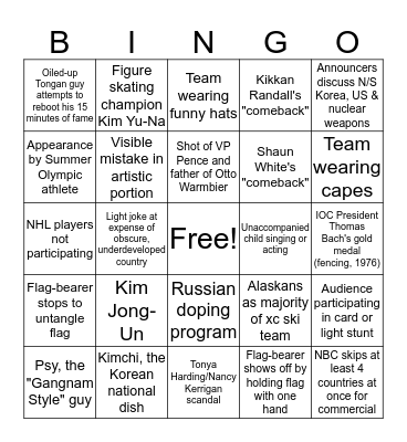 2018 Winter Olympics Opening Ceremony Bingo Card