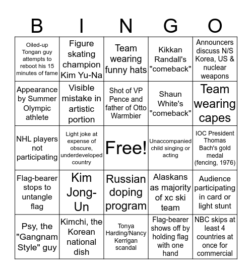 2018 Winter Olympics Opening Ceremony Bingo Card