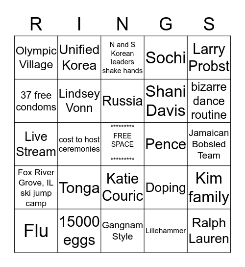 Olympics Bingo Card