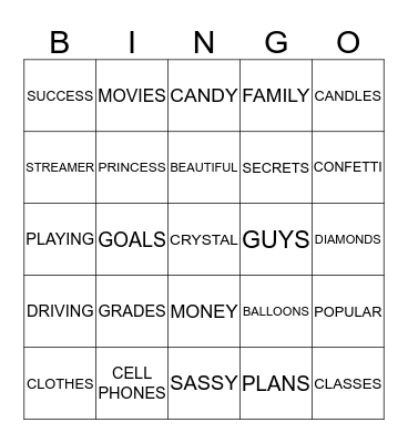 CRYSTAL SWEET 16 Bingo Card