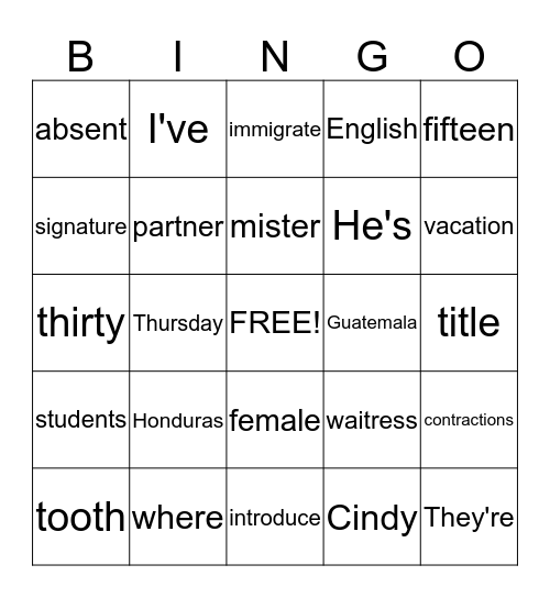 English Level 1 Bingo Card