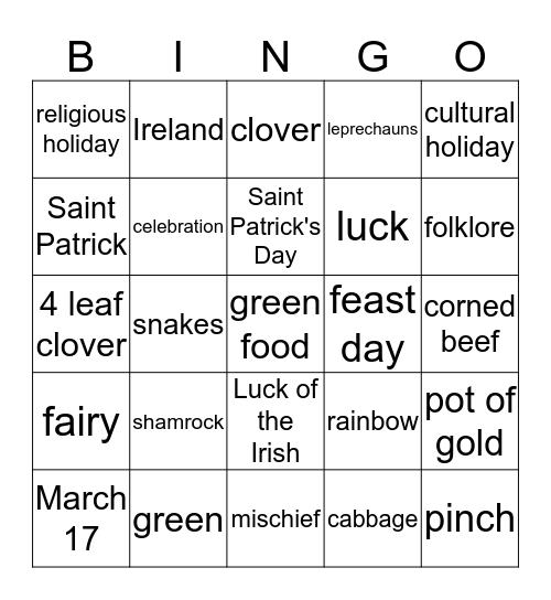 Saint Patrick's Day Bingo Card