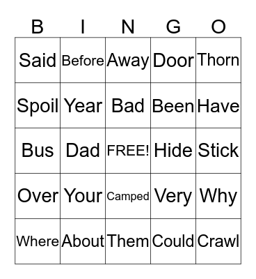 Sight Word BINGO Card