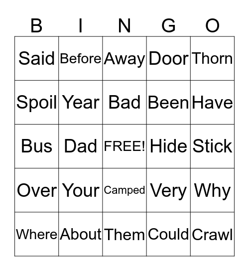 Sight Word BINGO Card