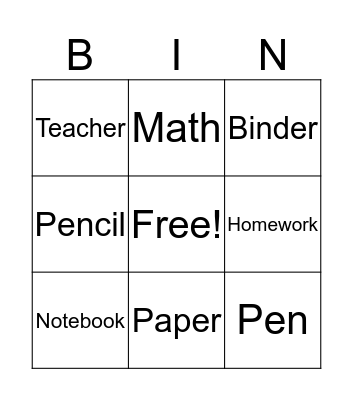School Bingo Card