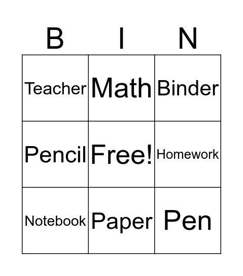 School Bingo Card