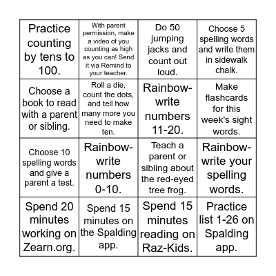 Homework Bingo - 2/12-2/16 Bingo Card