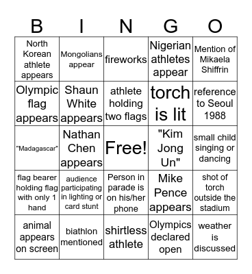 Pyeongchang Olympics 2018 Bingo Card