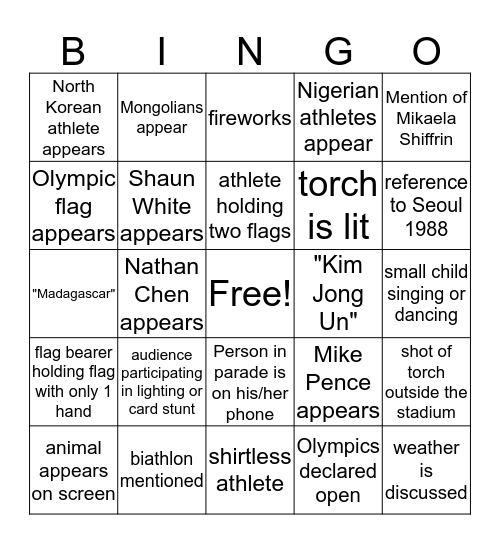 Pyeongchang Olympics 2018 Bingo Card