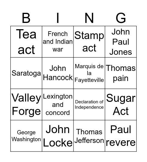 American   Revolution  Bingo Card