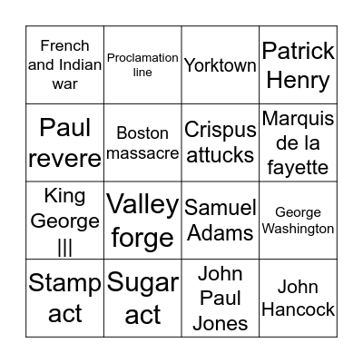 American Revolution  Bingo Card