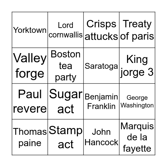 American Revolution  Bingo Card