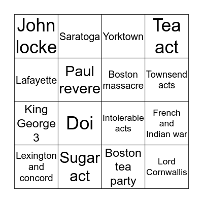 America revolution  Bingo Card