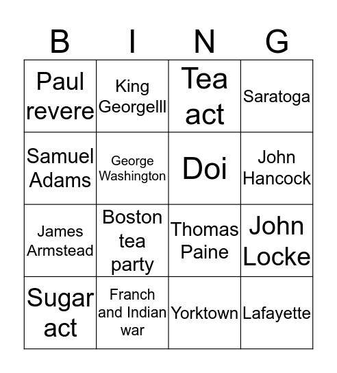America Revolution Bingo Card