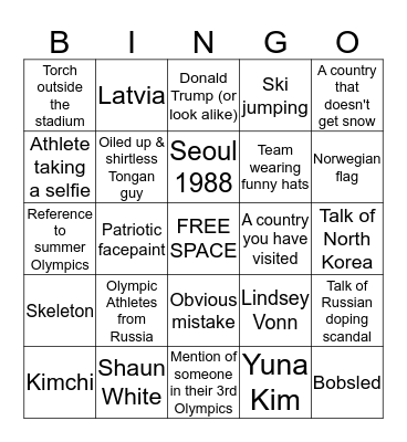 Pyeongchang Olympic Opening Ceremonies Bingo Card