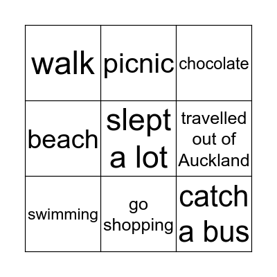 summer holiday Bingo Card