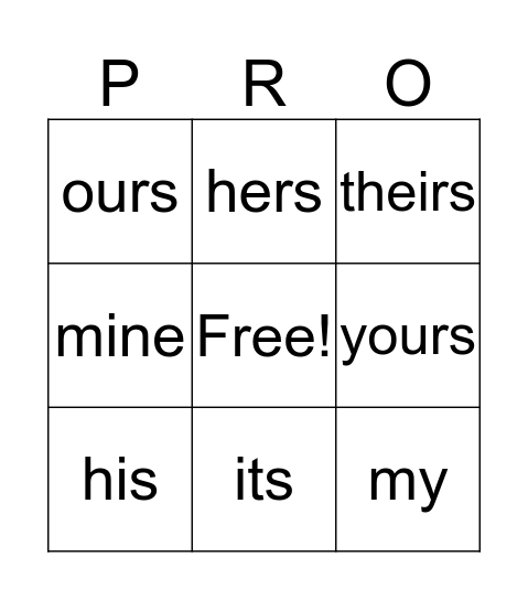 Possessive Pronouns Bingo Card