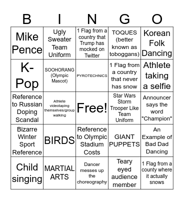 Winter Olympic Opening Ceremony Bingo Card