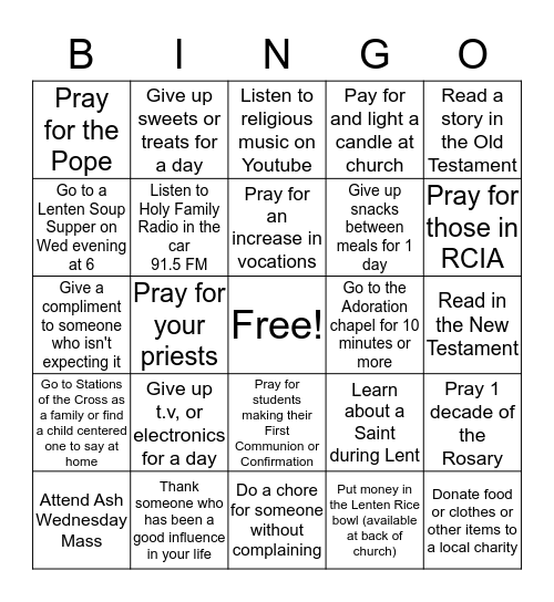 Lent Bingo Card