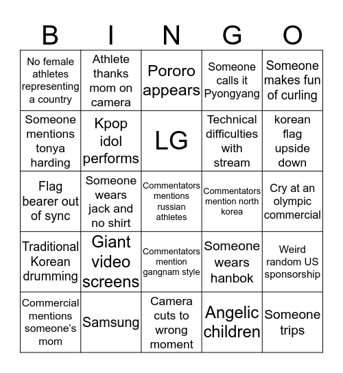 Olympics 2018 Bingo Card