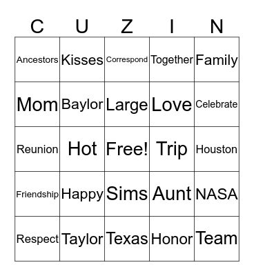 COUSINS FAMILY REUNION-2018 Bingo Card