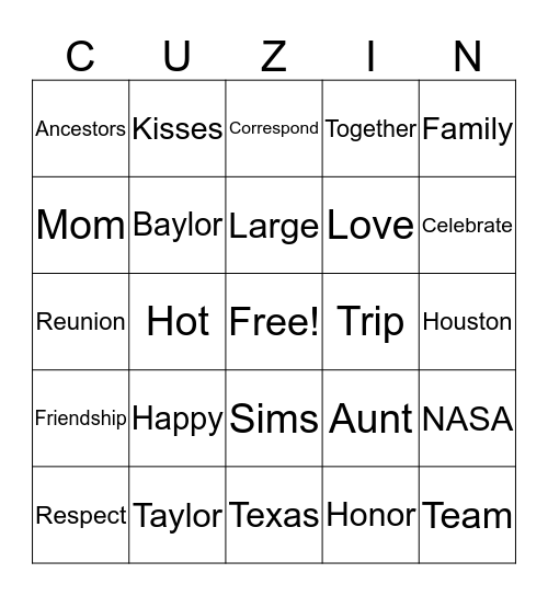 COUSINS FAMILY REUNION-2018 Bingo Card