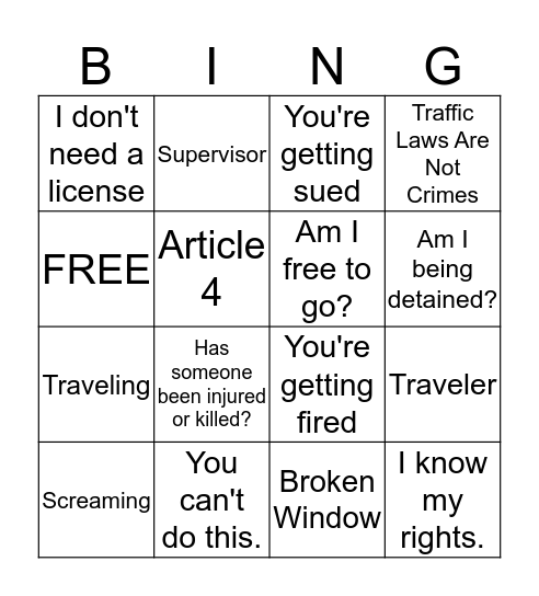 Soverign Citizen Bingo Card