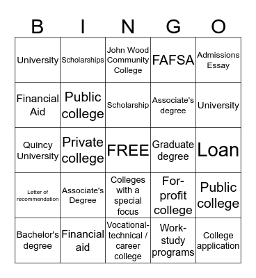 Quincy Teen REACH College Day BINGO Card
