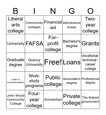 Quincy Teen REACH College Day BINGO Card