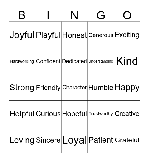 Positive Character Bingo Card