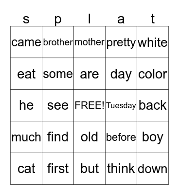 Splat Bingo Card