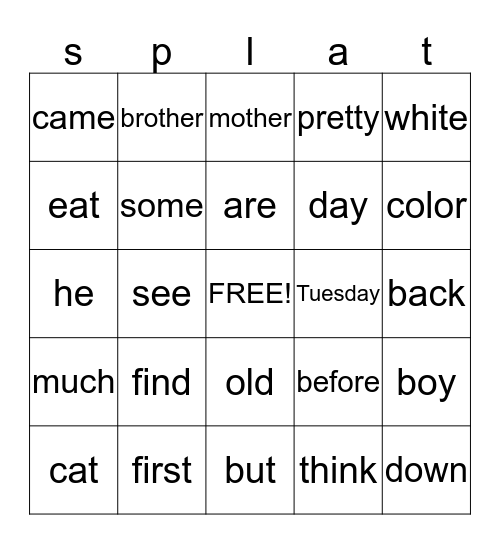 Splat Bingo Card
