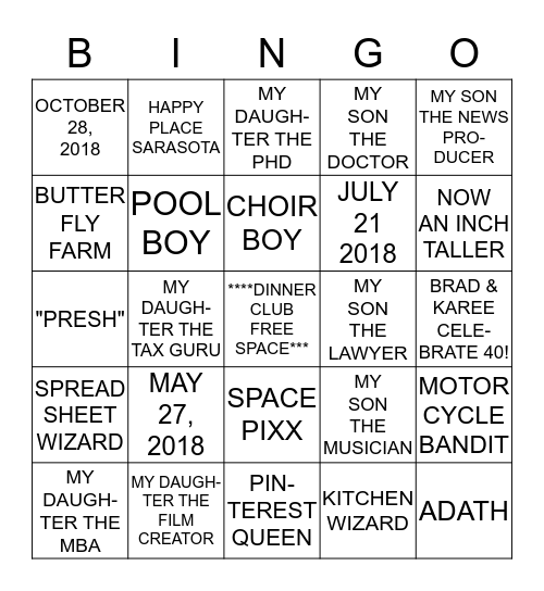 DINNER CLUB BINGO Card