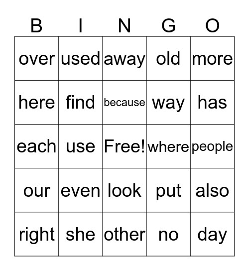 1st grade Bingo Card