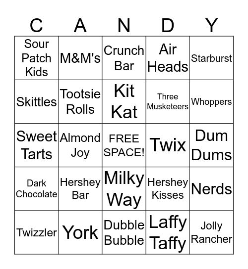 Rachel's Candy Bingo Card